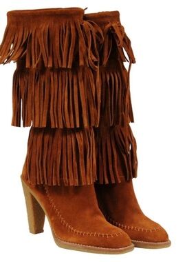 Micheal Kors camel tan suede leather fringe boots south western bohemian 9.5